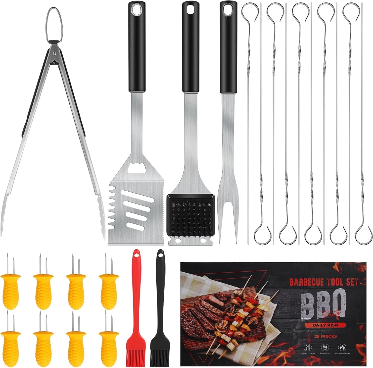 Grill Accessories Kit Grill Tool Set W/ 4-in-1 BBQ Spatula Fork Tongs Cleaner
