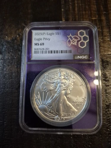 2025-P American Silver Eagle Privy NGC Graded MS69 Purple Core ASE BU Coin 1 oz