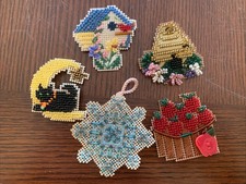 5 Glass Bead Cross Stitch Complete Mill Hill Pins Magnet Ornament Finished Both