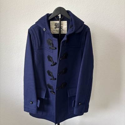 Burberry London Wool Cashmere Hooded Duffle Coat Blue Men s Size 50 Large NWOT