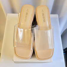 Chic Beige Faux Leather Clear Strap Block Heel Slide Sandals