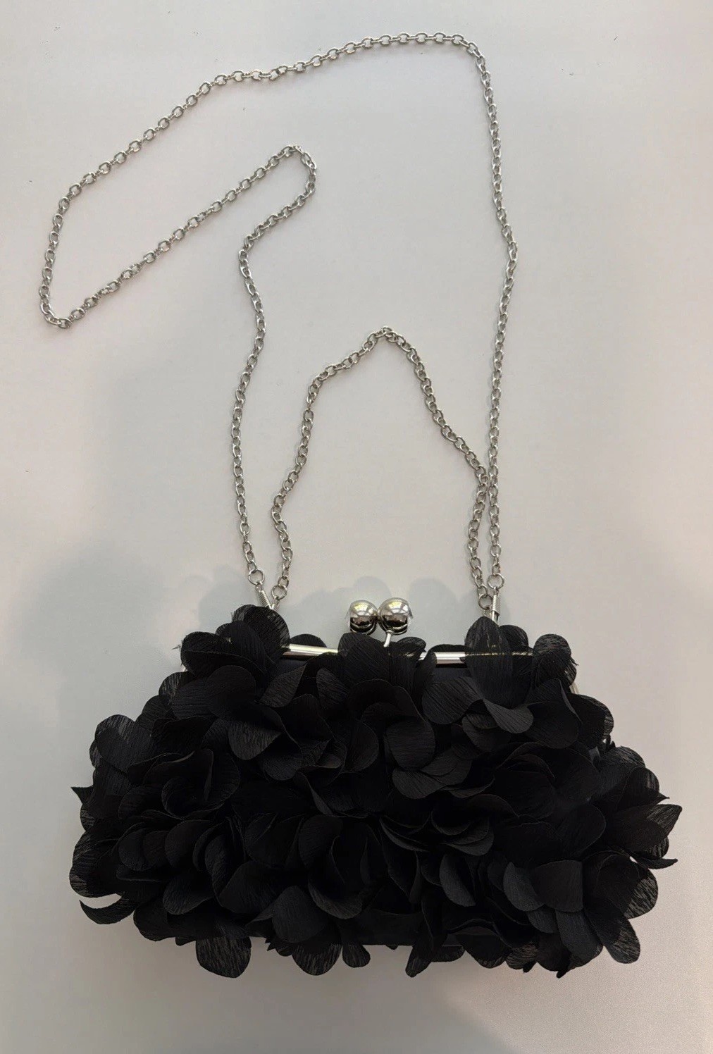 Black Floral Evening Clutch Purse Silver Chain Wedding Party Handbag Bag