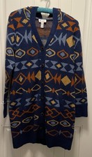Hooded Navy Duster Buttons Pockets Boho Art Western Aztec Geometric Small