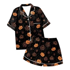 Women's Satin Lounge Set Halloween 2 Pcs Printed Button Down Short Pajamas Comfy