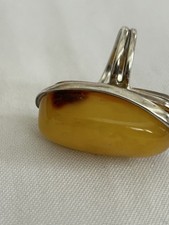 925 Sterling Silver Vintage Egg Yolk Amber Cocktail Ring Size 7 Adjustable
