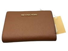 Michael Kors Jet Set Travel Medium Leather Luggage Wallet With Zip Pocket & Snap