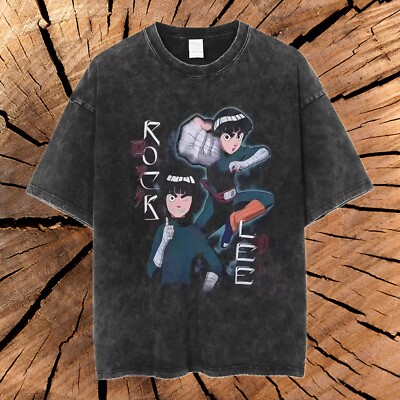 Naruto Rock Lee Graphic Tee, Washed Cotton Streetwear, Oversized Men Anime Shirt