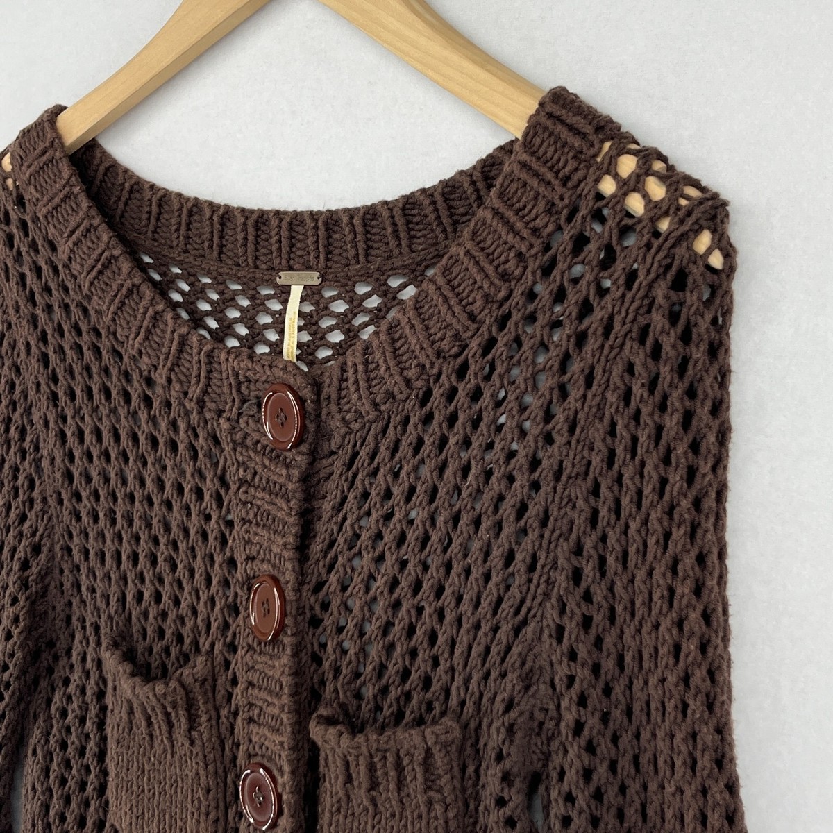 FREE PEOPLE Sweater M Open Knit Crochet Button Up Cardigan FREE PEOPLE Sweater M Open Knit Crochet Button Up Cardigan