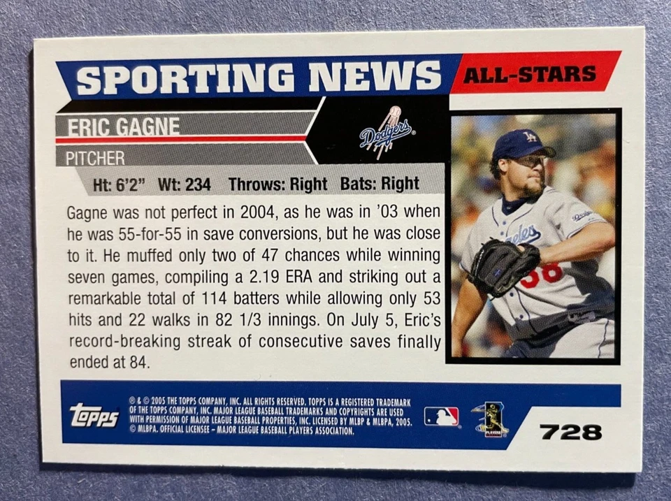 SIGNED ERIC GAGNE 2005 TOPPS SPORTING NEWS BASEBALL CARD AUTOGRAPH - DODGERS - Image 2 of 2