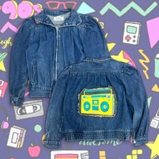 1980s - 90s Vintage Womens Denim Jean Jacket By Clique With Boom Box Back Patch