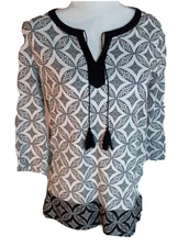 Talbots Tunic Split Neck Top Small Black White Tassel Tie Boho Casual