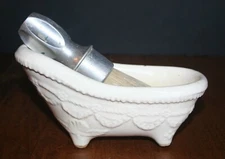 VTG Stoneware Shaving Scuttle Mug & Brush FIGURAL BATHTUB RARE~!