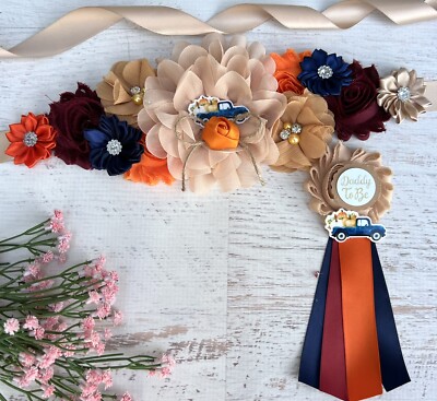 Blue Truck Pumpkin Maternity Sash Belt Daddy Corsage Set, Baby