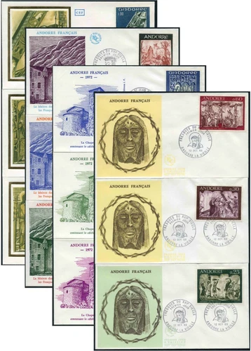 FRANCE ANDORRA 1967-72 FRESCOES + SCREEN ART 4 SETS FDCs 12 COVERS