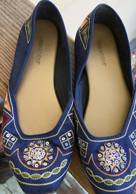 Predictions Women's Blue Embroidered Fabric Flat Slip On Shoes, Size 7, Sequins