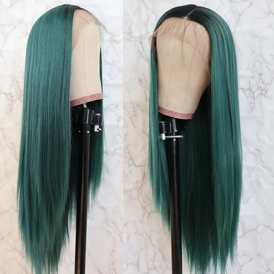 Pelucas delanteras de encaje verde ombre sintéticas resistentes al calor pelo largo liso suave EE. UU. Foto 2 de 4