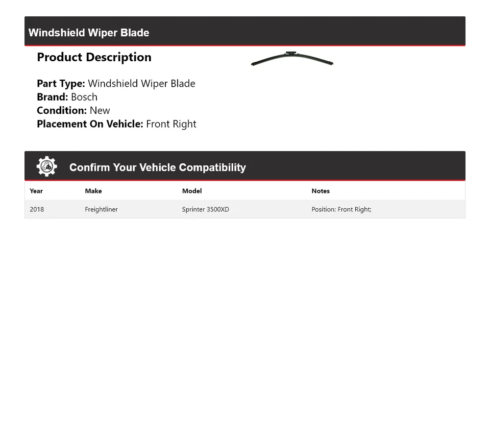 Para 2018 Freightliner Sprinter 3500XD Bosch ICON limpador dianteiro direito - Imagem 2 de 4
