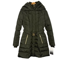 Kenzie Womens Long Down Blend Hooded Coat Size Xs Green Belted Zip Pockets