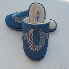 Women's True Religion Small 5-6 Slippers Shoe Furry Blue Silver Sparkle Logo