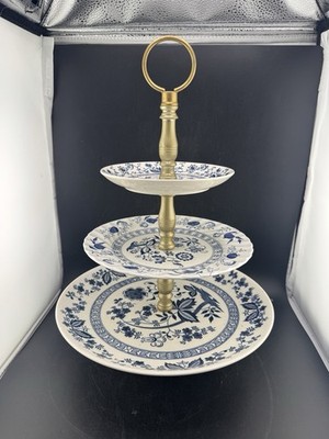 Vintage Blue Danube Onion 3 Tier Serving Cake Stand Plate Tower Johnson Bros