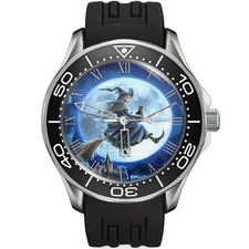 Orologio da polso Full Moon Witch On Scopa Diver Stile Sportivo Silicone Cinturino Nero