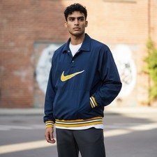 Vintage 90s Nike Pullover Windbreaker Jacket V-Neck Big Swoosh Blue/Gold Mens L