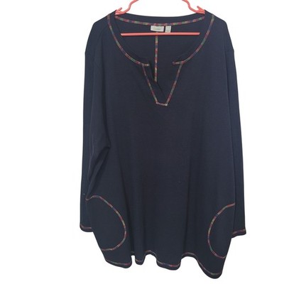 LOGO Lounge 4X Waffle Knit Tunic Navy Rainbow Stitching Pockets Long Sleeve