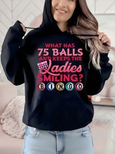Plus Size Women's Bingo-Themed Graphic Hoodie - Funny 75 Balls  Ladies Smiling