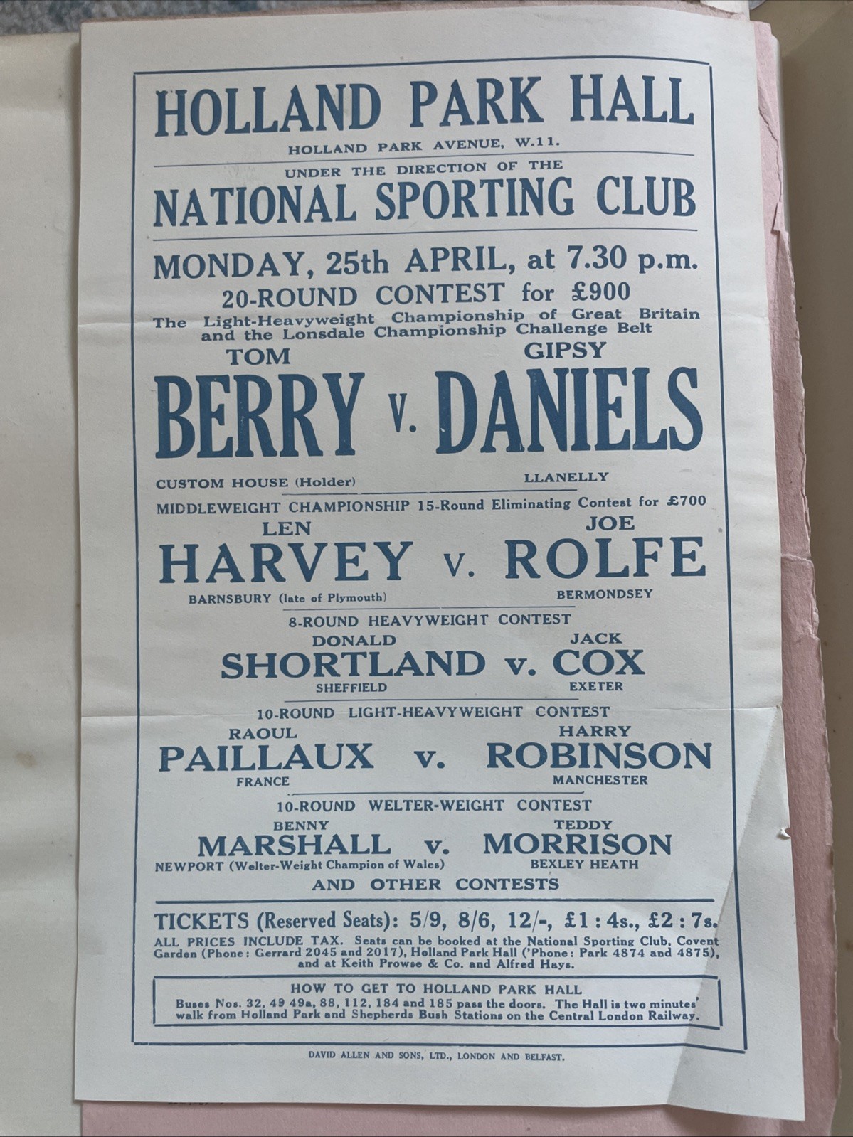 National Sporting Club Handbill  Boxing Holland Park Hall Berry V Daniels