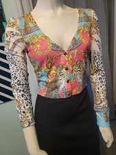 Crimson Ivy USA Versace Style Crop Sweater Leopards Tassels Print Sz M