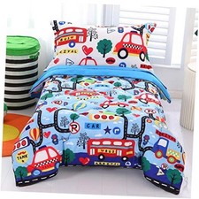 Cars Toddler Bedding Set 4 Piece BlueToddler Bed Set with Transportation