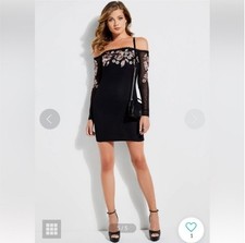 GUESS Stretch Floral Embroidered Mesh Bodycon Mini Dress Black Long Sleeve Sz L