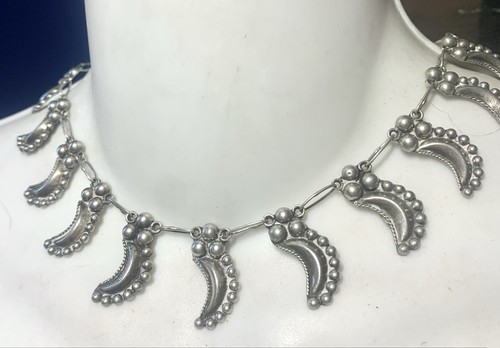 Vintage Mexico Sterling Silver Repousse Crescent Moon & Stars Necklace