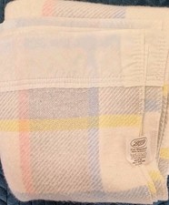 Vintage Pram Cot Blanket Boots Acrylic check blue pink yellow grey 100x160cm GB