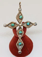 Vintage Southwestern Sterling Silver Turquoise Coral Reversible Cross Pendant