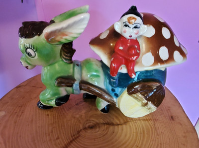  Vintage Green Donkey Pulling A Mushroom Cart with a Pixie Elf  1950's   