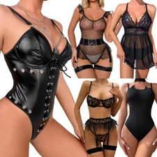 Black Sexy Women Lingerie Lace Dress G-string Underwear Babydoll Sleepwear Sets