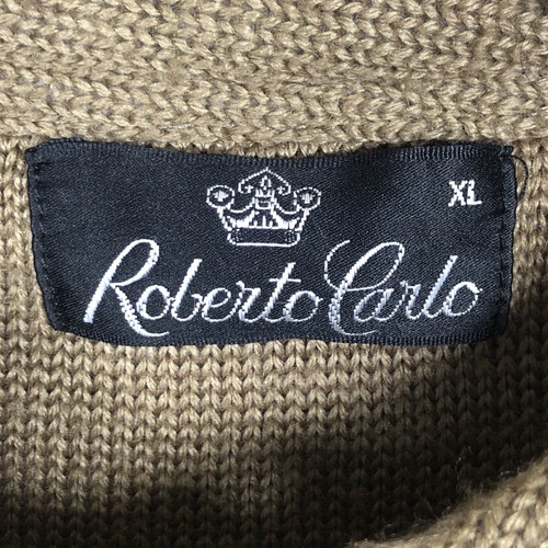 Vintage Roberto Carlo Jumper Mens Grandads Brown XL Pullover Leather Detail Warm - Picture 15 of 21