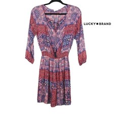 Lucky Brand Womens Mini Dress S Pink Red Boho Paisley Western Cowgirl Prairie