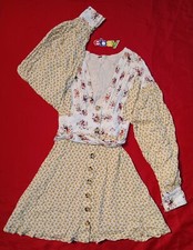 Free People FLORAL PRINT Tie Waist Mini Dress WOMEN SZ S BEIGE W MULTICOLOR NEW!