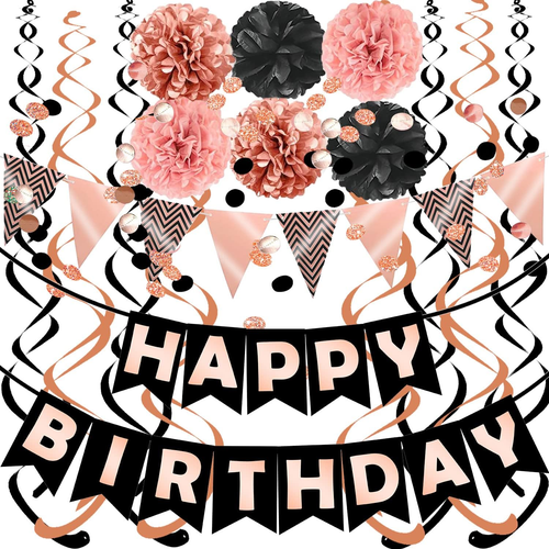 Rose Gold Black Theme Happy Birthday Banner Flag Bunting Paper Circle Confetti G