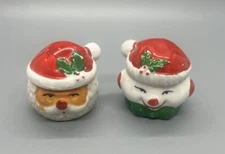 Snowman Head Santa Head 2 inches Hand Painted Ceramic Candle Holders Set Vintage