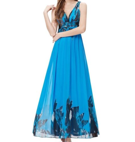 Elegant Women's V-Neck Chiffon Pleated Ruched Open Back Party Maxi Dress Blue 16 - Photo 1 sur 3