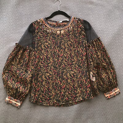 NWOT Zara Basic Z1975 Denim Blouse Floral Embroidered Semi Sheer Bishop Sleeve S