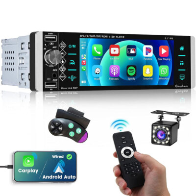 Single 1 DIN 5.1'' Autoradio Apple CarPlay/Android auto AM/FM/RDS Bluetooth +Kam