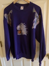 VINTAGE Jerzees Sweatshirt Mens XL Crewneck Indian Man Patch Made In USA Purple