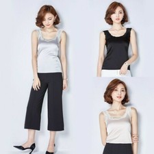 Lady Silk Like Lace Trim Vest Strappy Cami Tank Top T Shirt Camisole Tee Black