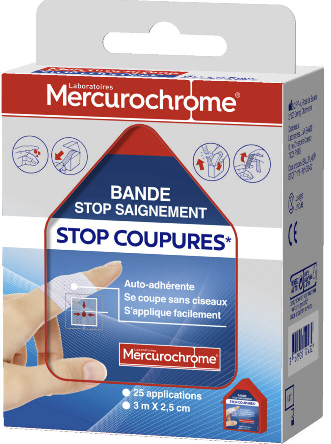 Bande anti saignement Mercurochrome Stop Coupures extensible de 3m x 2,5 cm