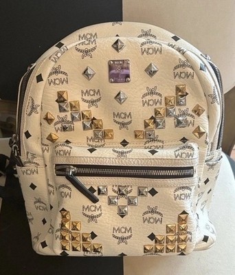 MCM Authentic White Visetos Stud Monogram Gold Silver Backpack Med Size Bag