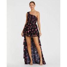 Mac Duggal Floral One Shoulder High Low Ruffle Gown Cutout Back Size 2